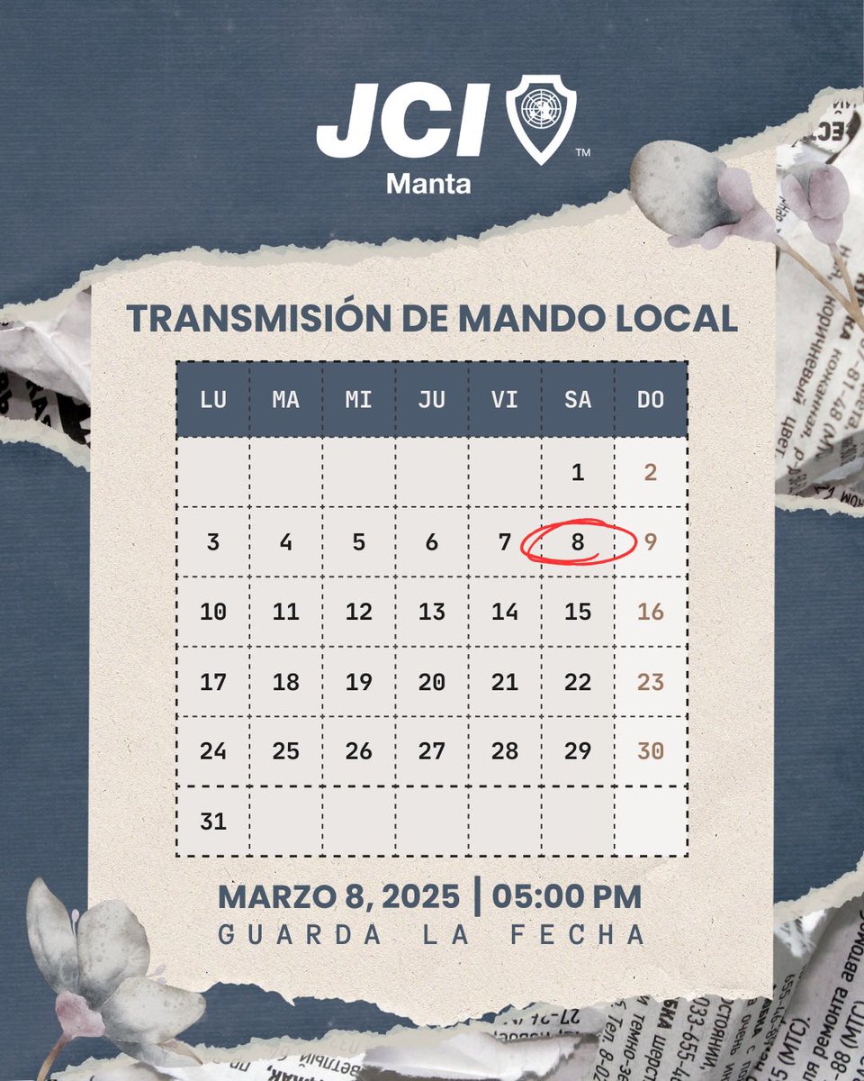 JCIManta's tweet image. 📅 ¡Save the date! 🚀✨

Estamos preparando uno de nuestros eventos locales más importantes: la Transmisión de Mando Local, un espacio donde cerramos una etapa y damos inicio a nuevos retos y oportunidades.

🗓 Guarda la fecha en tu calendario:
📍 Sábado, 8 de marzo 2025