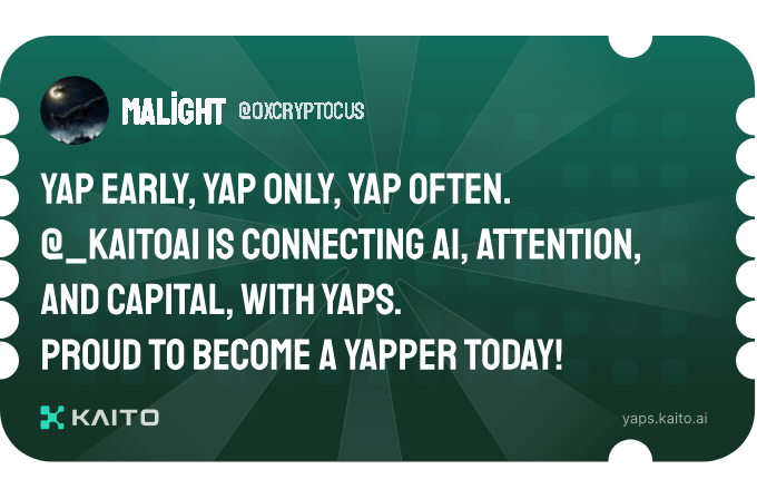 0xcryptocus's tweet photo. Yap early, yap only, yap often.

@_kaitoai is connecting AI, attention and capital with Yaps.

Just claimed my social card and I'm accumulating Yap points in real-time.

Claim yours 👉 https://t.co/YYfT71Cmn5 https://t.co/ACGqHEmNT8
