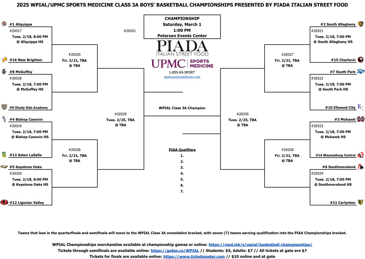 Boys Basketball "Path to the Pete" starts right here at home next Tuesday, February 18th when our #2 Gladiators take on #15 Charleroi at 7PM at South Allegheny School School. Come out and support!