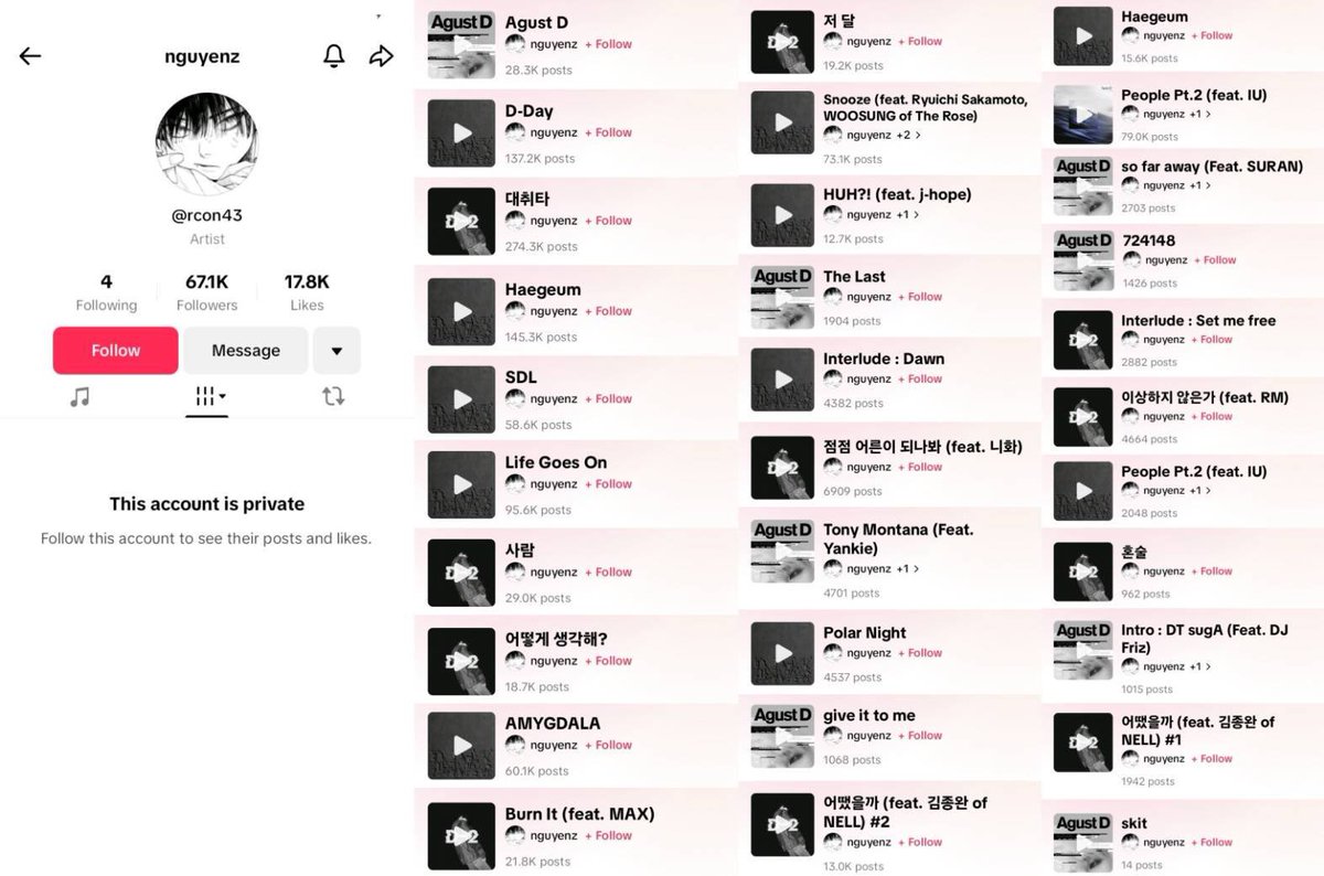 WtrmlnSUGAhigh's tweet photo. RT + REPLY !!

Hello @BIGHIT_MUSIC @TikTokSupport @TiktokKR

Agust D (SUGA from BTS)'s songs are linked to @/rcon43 account when they should be linked to @bts_official_bighit on TikTok.  

This is urgent, please fix it as soon as possible. Thank you. https://t.co/SgncibYoLX