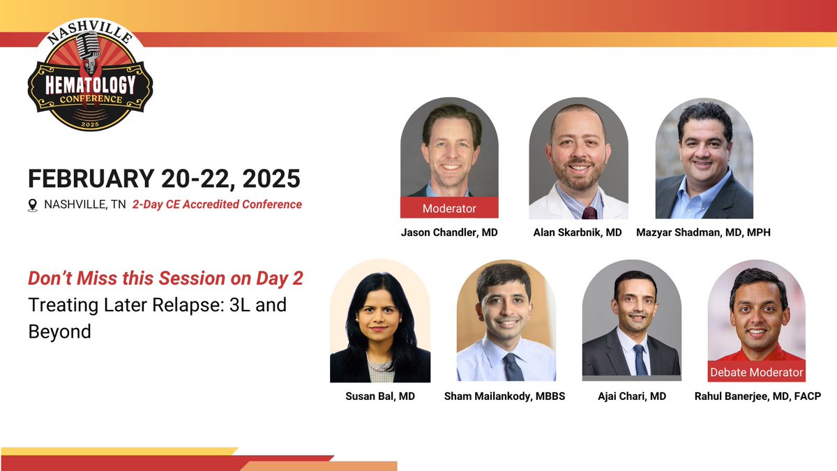 Nashville Hematology Conference (@nashvilleheme) on Twitter photo Get ready for #NashvilleHeme25! Join us for "Treating Later Relapse: 3L and Beyond", moderated by Dr. Jason Chandler with Drs. <a href="/ASkarbnik/">Alan Skarbnik</a>, <a href="/mshadman/">Mazyar Shadman, MD MPH</a>, and <a href="/SusanBal9/">Susan Bal</a>. Plus, an exciting debate moderated by Dr. <a href="/RahulBanerjeeMD/">Rahul Banerjee, MD, FACP</a>, featuring Drs. Sham Mailankody and <a href="/AjaiChari/">Ajai Chari</a> on CAR-T Get ready for #NashvilleHeme25! Join us for "Treating Later Relapse: 3L and Beyond", moderated by Dr. Jason Chandler with Drs. <a href="/ASkarbnik/">Alan Skarbnik</a>, <a href="/mshadman/">Mazyar Shadman, MD MPH</a>, and <a href="/SusanBal9/">Susan Bal</a>. Plus, an exciting debate moderated by Dr. <a href="/RahulBanerjeeMD/">Rahul Banerjee, MD, FACP</a>, featuring Drs. Sham Mailankody and <a href="/AjaiChari/">Ajai Chari</a> on CAR-T