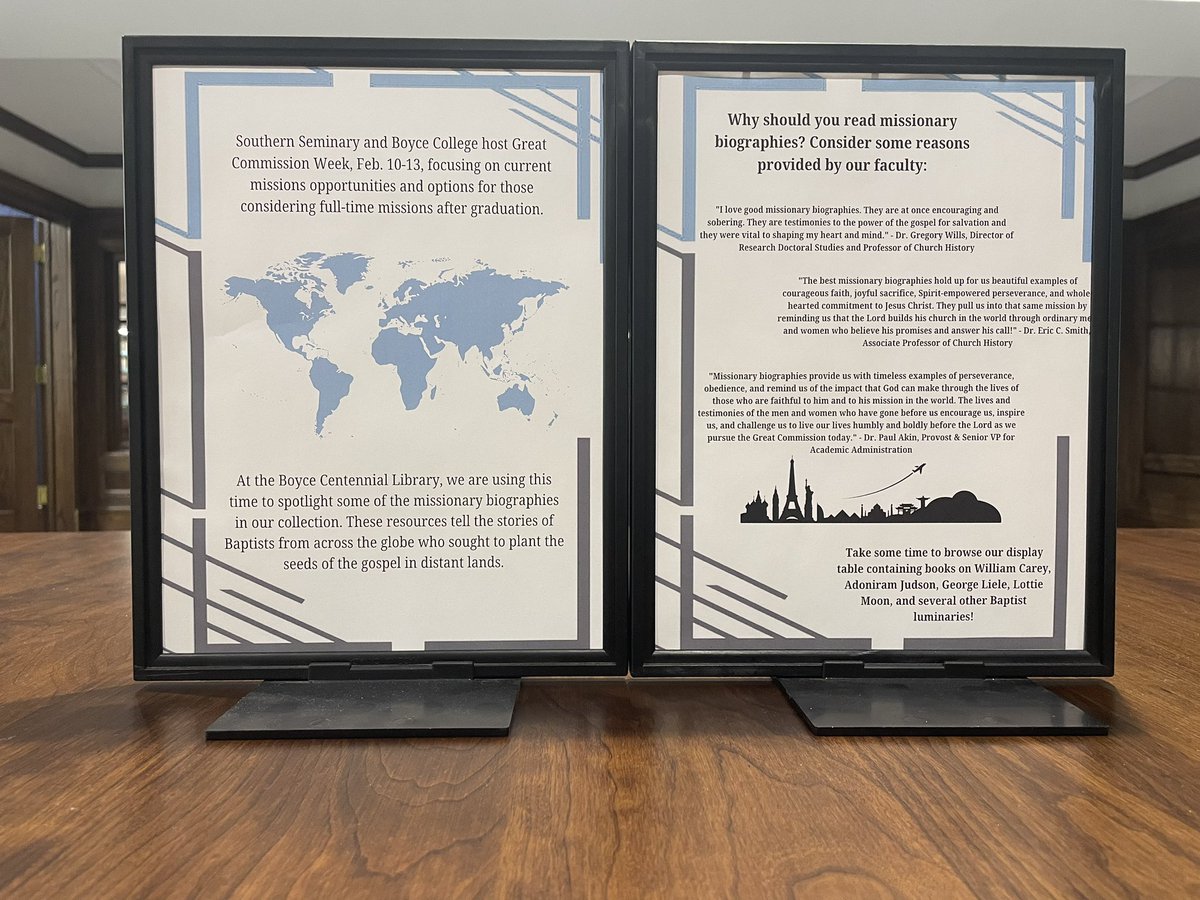 SBTSLibrary's tweet photo. We at the library are happy to join campus in celebrating “Great Commission Week.” Come check out our display table with many missionary biographies and other resources! https://t.co/6m9d0srU9A