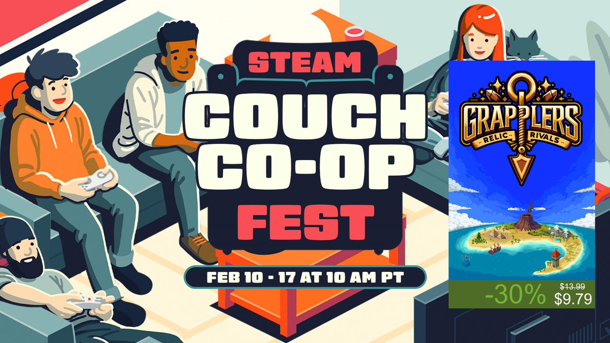 AllyProGames's tweet photo. Steam Couch Co-op Fest starts today, and Grapplers: Relic Rivals is 30% off!  Prepare for some chaotic party game action!

#indiegame #gamedev #steamfest #steam #couchcoop https://t.co/yt7K2ciRvo