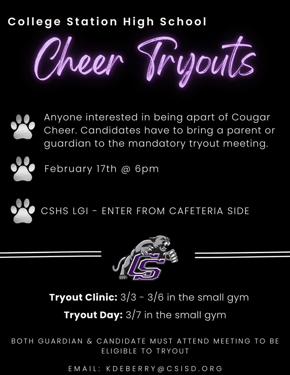 College Station HS (@cshighschool) on Twitter photo 25/26 Cougar Cheer Tryout Info! Please email Coach DeBerry if you have any questions @ kdeberry@csisd.org! 25/26 Cougar Cheer Tryout Info! Please email Coach DeBerry if you have any questions @ kdeberry@csisd.org!