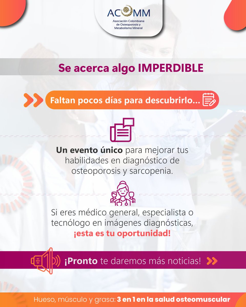 AcommOficial's tweet photo. Comienza la cuenta regresiva. En pocos días, te revelaremos un evento único que apoyará tus labores diagnósticas y que no querrás perderte.
Muy pronto sabrás todos los detalles. ¡Sigue atento nuestras redes sociales!
#ACOMM #AMGEN #cuentaregresiva #imágenesdiagnósticas https://t.co/fD8KWYJ47E