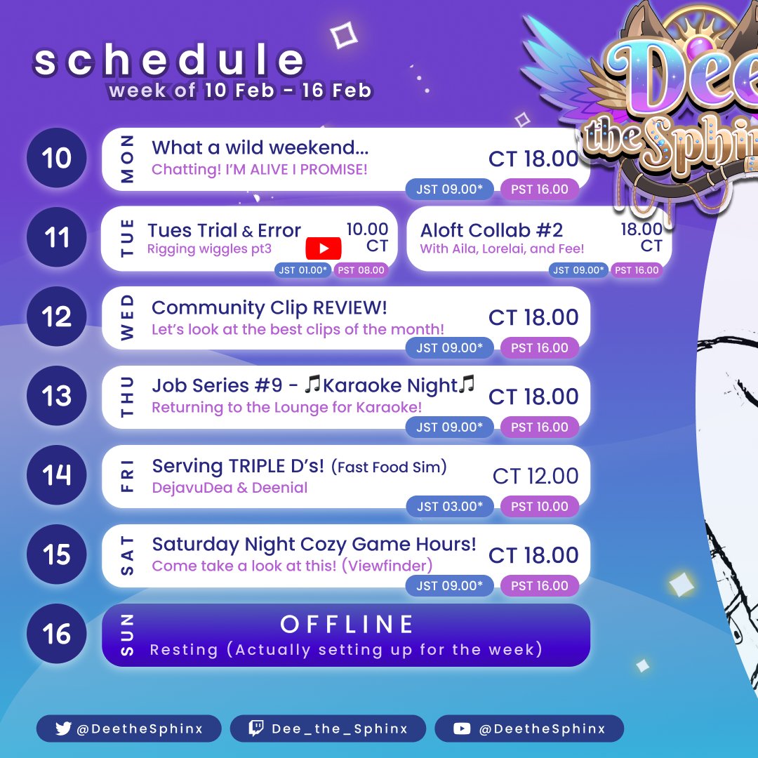 DeetheSphinx's tweet photo. 🫴A schedule in these trying times🔆
(Probably short streams, or my Mods may yell at me)
Dee would like to spend time with you!💖
Also here's tags cuz I haven't posted them in a while!
Community: KyuuDees
🎨#DEEpictions
🤣#GibDEEmemes
🔴#Live2Dee
🔞#NaughtDEE
🔆#DeetheSphinx https://t.co/po7whFAv3b