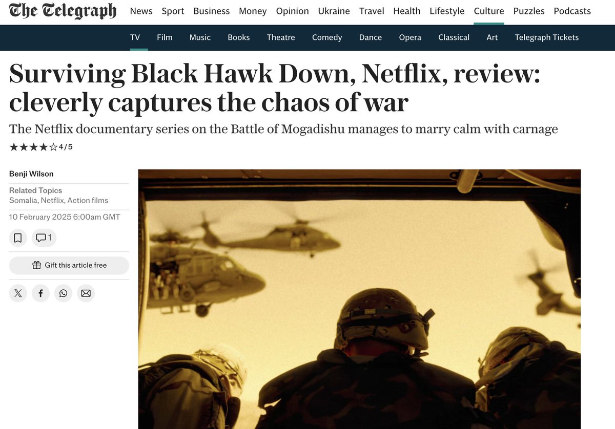 Chris Roe (@chrisroemusic) on Twitter photo ⭐️⭐️⭐️⭐️ for Jack MacInnes' SURVIVING BLACK HAWK DOWN in <a href="/Telegraph/">The Telegraph</a> today 👀
A total pleasure to have co-written the score with <a href="/perlsound/">Nir Perlman</a> - watch over on <a href="/NetflixUK/">Netflix UK & Ireland</a> now!
telegraph.co.uk/tv/2025/02/10/… ⭐️⭐️⭐️⭐️ for Jack MacInnes' SURVIVING BLACK HAWK DOWN in <a href="/Telegraph/">The Telegraph</a> today 👀
A total pleasure to have co-written the score with <a href="/perlsound/">Nir Perlman</a> - watch over on <a href="/NetflixUK/">Netflix UK & Ireland</a> now!
telegraph.co.uk/tv/2025/02/10/…