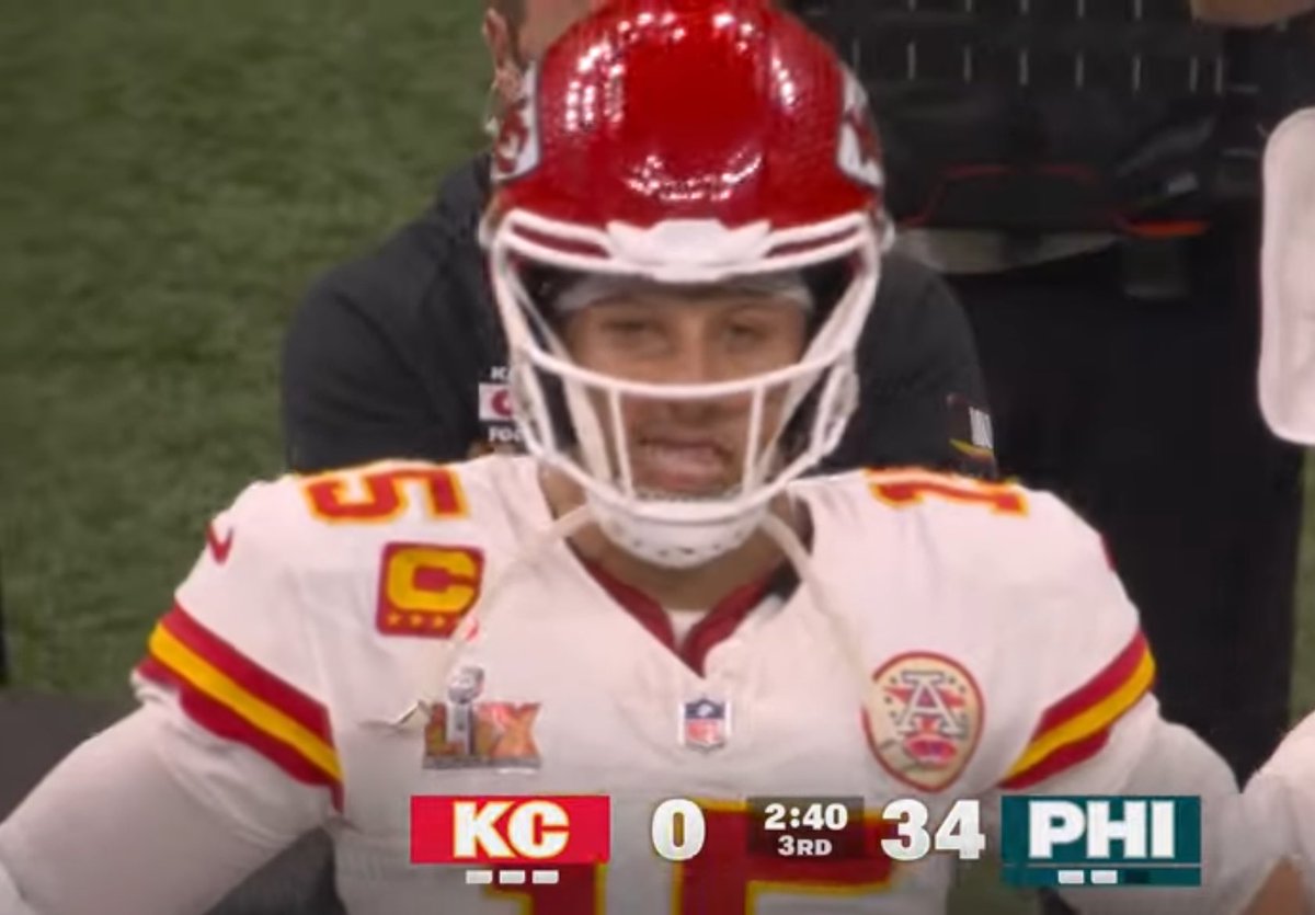 The face of defeat. Patrick Mahomes got his match and this time was defeated and the last time he was defeated in the superbowl versus Tampa Bay Bucs was the man commentating last night in the Super Bowl <a href="/tombrady/">Tom Brady</a> #patrickmahomes #tombradythegoat