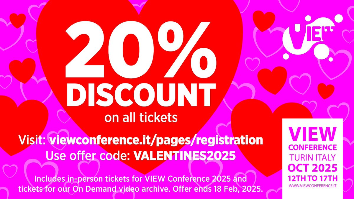ViewConference's tweet photo. Fall in Love w @ViewConference!
 
In celebration of #valentinesday, we’re giving a massive 20% discount on all tickets!
 
Buy tickets!
https://t.co/1w3jSOmuIY

#love #animation #vfx #games #ai #cgi #realtime #vr #ar #xr #mr #virtualproduction #film #3d #storytelling #conceptart https://t.co/JCHtAxJ1SL