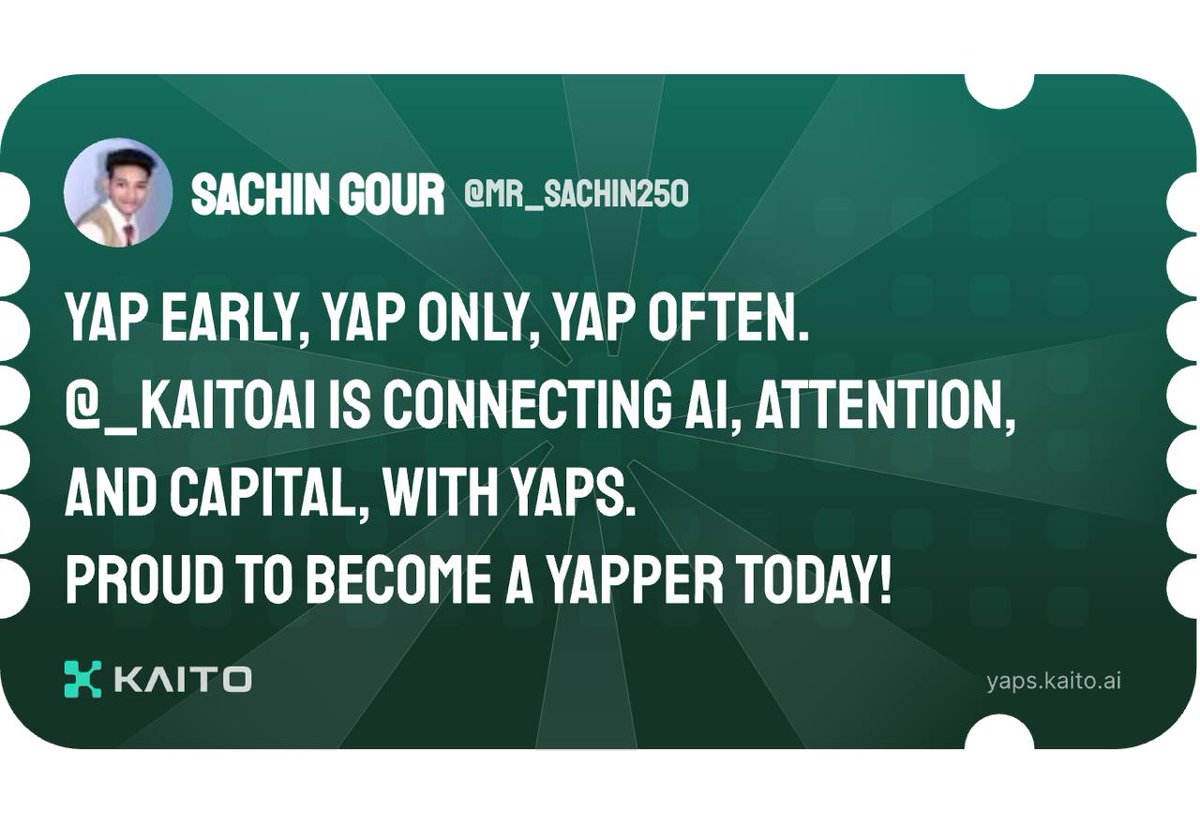 sachingour_'s tweet photo. Yap early, yap only, yap often.

@_kaitoai is connecting AI, attention and capital with Yaps.

Just claimed my social card and I'm accumulating Yap points in real-time.

Claim yours 👉 https://t.co/4frjQlzYHJ https://t.co/eKJqKz4P1i