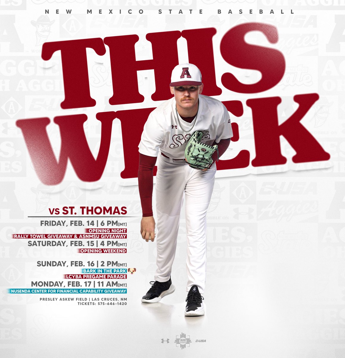NMStateBaseball's tweet photo. 𝑰𝒕'𝒔 𝑭𝒊𝒏𝒂𝒍𝒍𝒚 𝑮𝒂𝒎𝒆 𝑾𝒆𝒆𝒌‼️

🆚 St. Thomas
📆 Feb. 14-17
📍 The 'Skew

#AggieUp https://t.co/aLXeCXx2zw