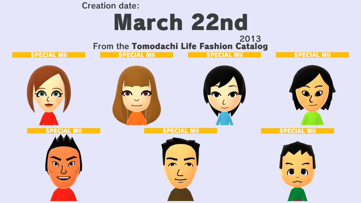 12 years ago today, March 22nd (2025), these 7 Miis in the Tomodachi Life Fashion Catalog were created! Using the creation dates found in their Mii data files, we can learn they were made today, in 2013. This order is the order they were made in that day! miilibrary.com/ALL/SPECIAL#h.…