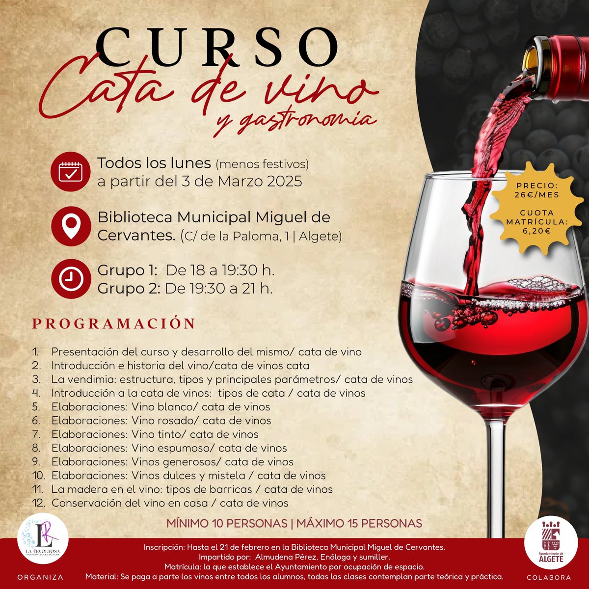 Ayuntamiento de Algete (@aytodealgete) on Twitter photo 🍷 Curso cata de vino y gastronomía.
✍️ Inscripciones hasta el 21 de febrero en la <a href="/biblioAlgete/">Biblioteca de Algete</a> 🍷 Curso cata de vino y gastronomía.
✍️ Inscripciones hasta el 21 de febrero en la <a href="/biblioAlgete/">Biblioteca de Algete</a>