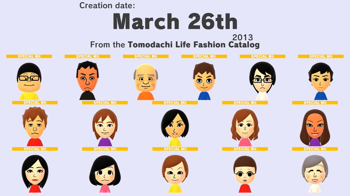 12 years ago today, March 26th (2025), these 16 Miis in the Tomodachi Life Fashion Catalog were created! Using the creation dates found in their Mii data files, we can learn they were made today, in 2013. This order is the order they were made in that day! miilibrary.com/ALL/SPECIAL#h.…