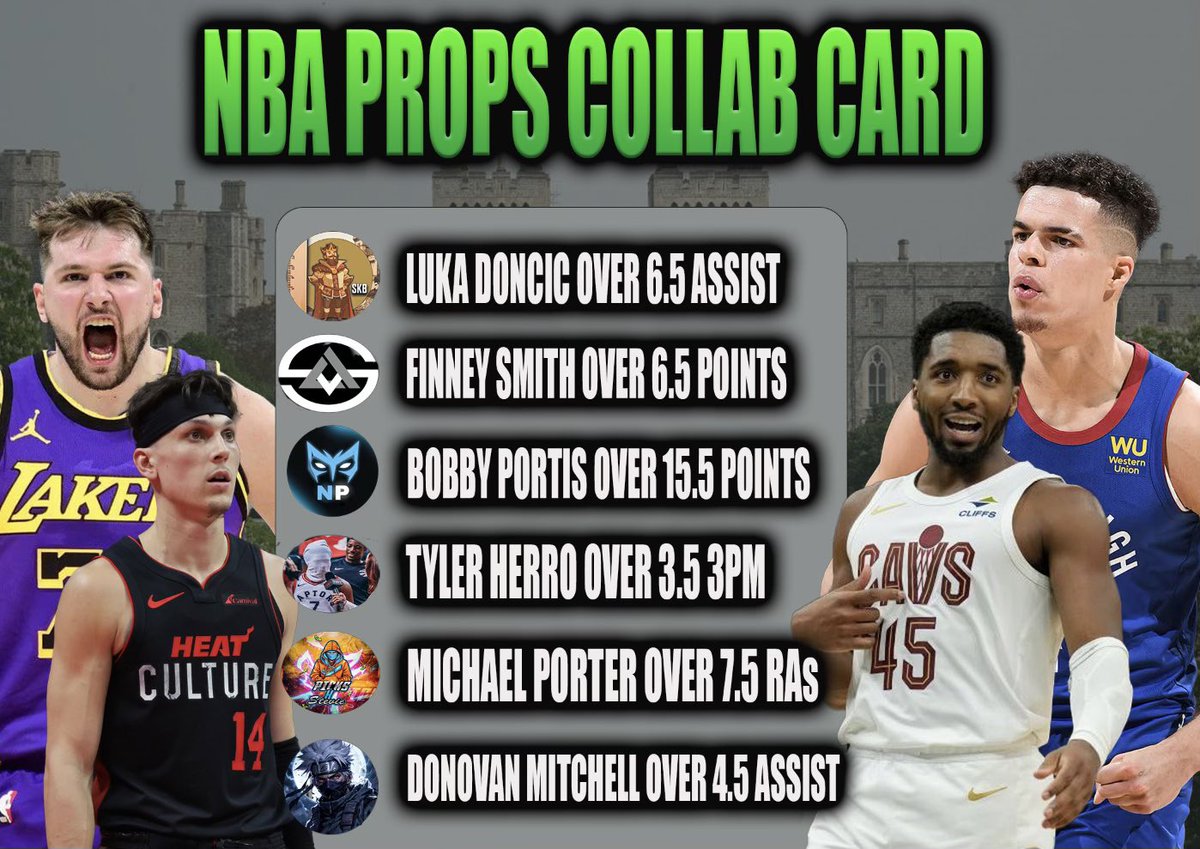 NBA PROPS COLLAB CARD🤴

<a href="/shortkingbets/">ShortKingBets</a>: Luka over 6.5 assist 
<a href="/SalvoBets/">Salvo</a>: Finney smith over 6.5 points
<a href="/NightParlay/">Night🌙</a>: Portis over 15.5 points
<a href="/FaboLocks/">FaboLocks 🐺</a>: Herro over 3.5 3PM
<a href="/Picks_x_Stevie/">PicksxStevie</a>: Porter Jr over 7.5 RAs
<a href="/KashyLocks/">Ka$hy💰</a>: Mitchell over 4.5 assist

13-10-1 YTD ON PROP COLLAB