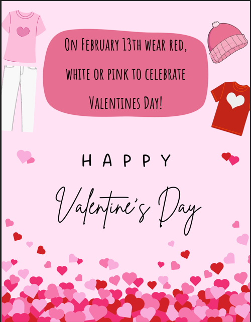 Valentines Spirit Day at Holy Family School!  Wear red, white or pink to celebrate!