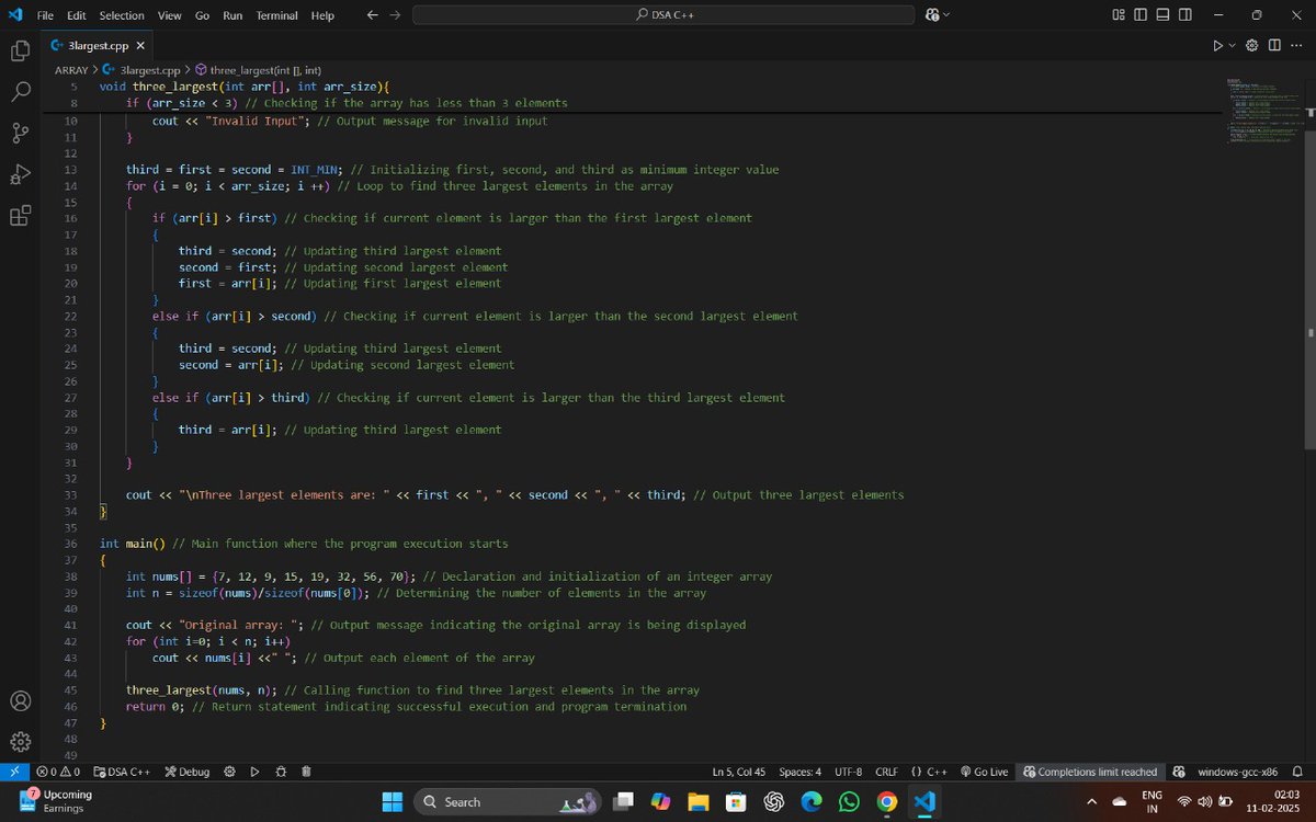 GautamPrataap's tweet image. Day 6
Learn DSA in CPP
Find the largest three elements in an array.
Remove the repeated element in an array.
#DSA
#Codeproblems