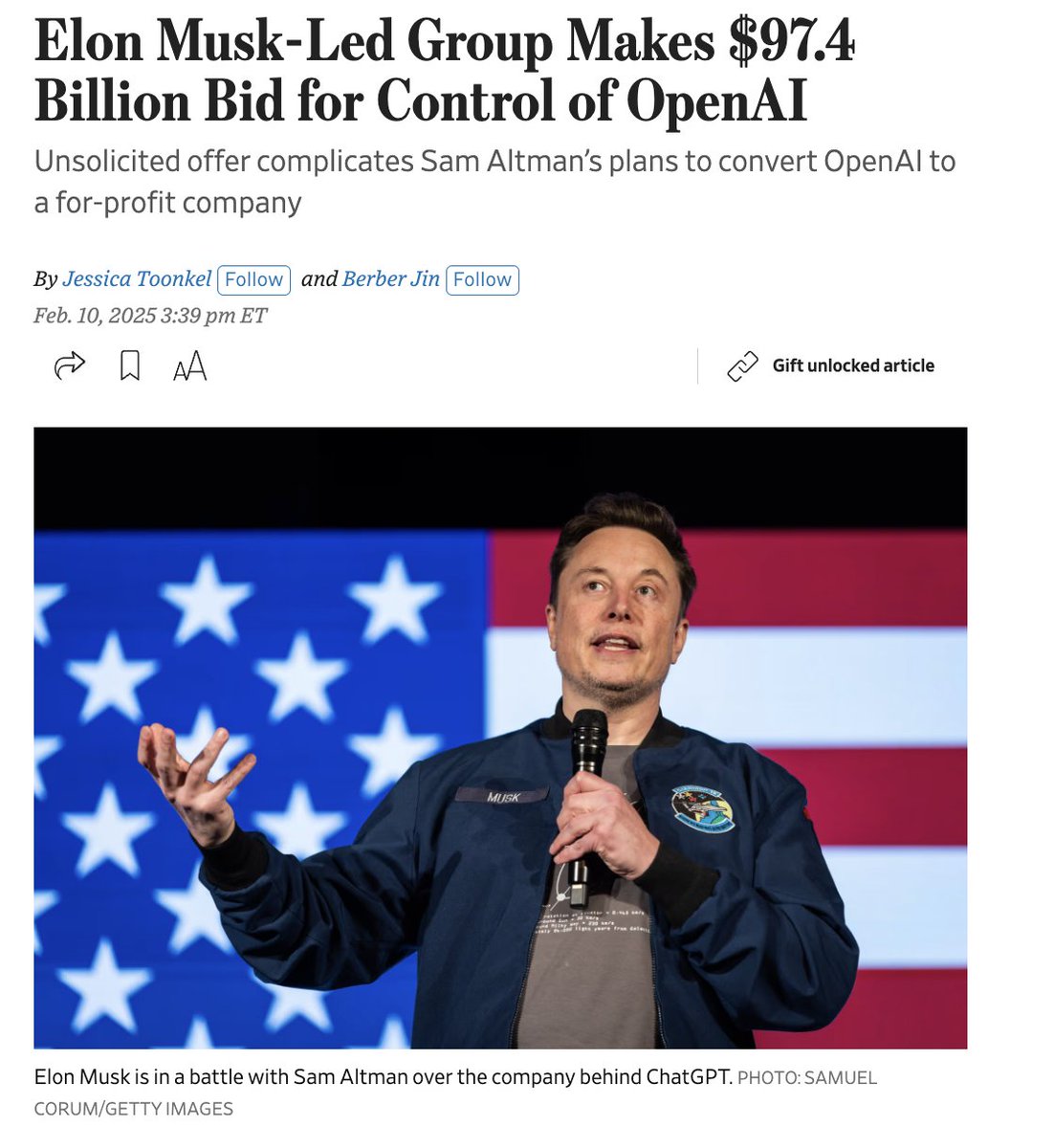 Wild stuff:

Elon &amp; a group is offering $97.4B to acquire (via xai) the nonprofit that controls OpenAI, complicating Sam Altman's plans to convert it to a for-profit
