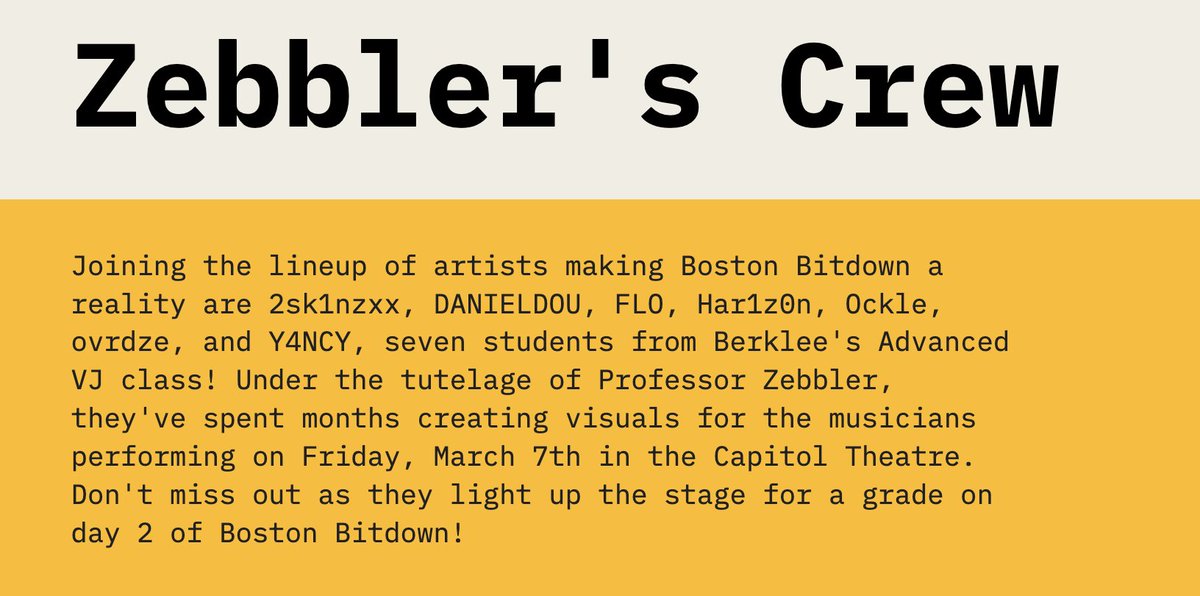 Hihi! I'm performing some live visuals for Boston Bitdown on Friday March 7th! Here's a link to the page to check out the other visual artists and performers! bostonbitdown.com/zebblers-crew