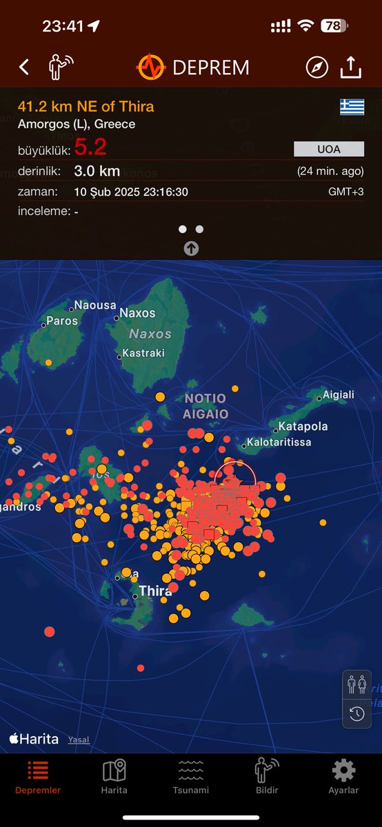 oskay78's tweet image. Ege Denizi’nde 5.2 bu sefer yüzeye çok yakın 3.0 km diyor 🫡 #deprem #SantoriniEarthquakes