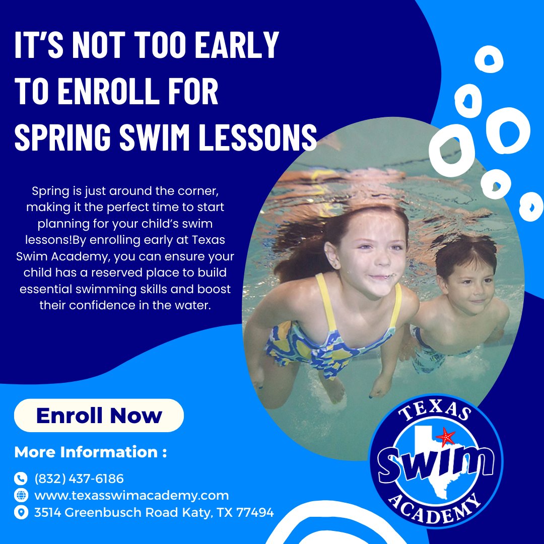 🌊 𝗦𝗽𝗿𝗶𝗻𝗴 𝗶𝘀 𝗔𝗹𝗺𝗼𝘀𝘁 𝗛𝗲𝗿𝗲—D𝗼𝗻’𝘁 𝗠𝗶𝘀𝘀 𝗬𝗼𝘂𝗿 𝗖𝗵𝗮𝗻𝗰𝗲 𝘁𝗼 𝗘𝗻𝗿𝗼𝗹𝗹! ☀️🏊‍♂️

📅 𝗦𝗽𝗼𝘁𝘀 𝗮𝗿𝗲 𝗹𝗶𝗺𝗶𝘁𝗲𝗱—d𝗼𝗻’𝘁 𝘄𝗮𝗶𝘁! Enroll today and set your child up for a safe and fun swim season.

#SpringSwimLessons  #TexasSwimAcademy