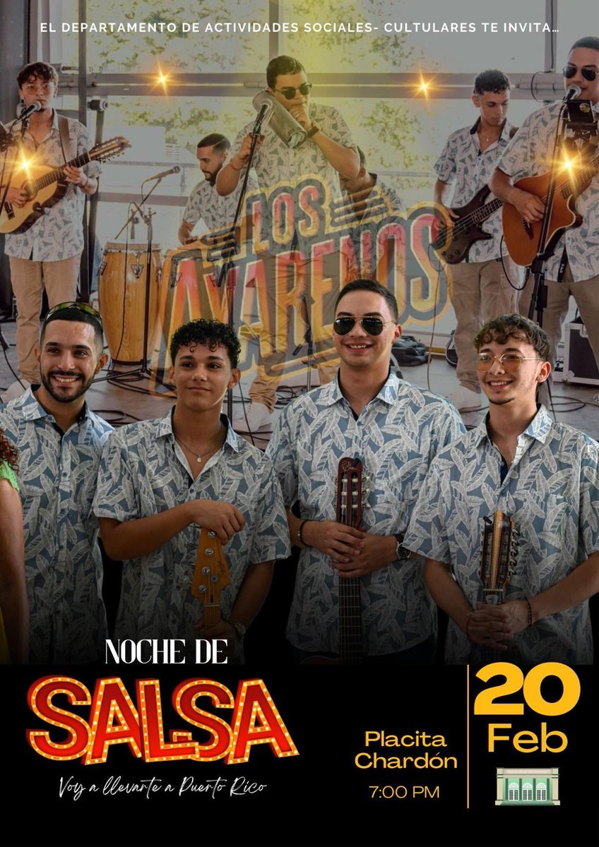 NOCHE DE SALSA CON EL GRUPO LOS AYANEROS

El Departamento de Actividades Sociales y Culturales del Decanato de Estudiantes, te invita a su Salsa Night con el grupo Los Ayaneros. 

Jueves, 20 de febrero
Placita de Chardón
7:00pm

Te esperamos.
<a href="/RullanAgustin/">Agustin Rullan</a> <a href="/EstudiantesUPRM/">Decanato Estudiantes</a>