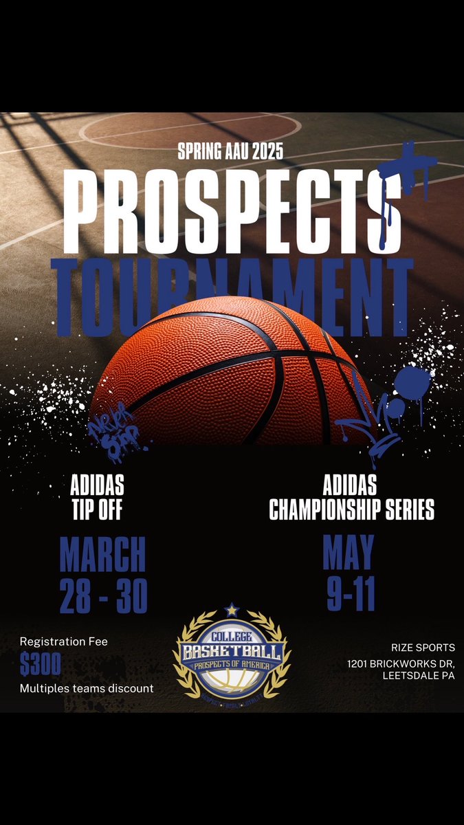 Coaches and Directors add Prospects 2025 Adidas Tournaments to your calendar over 30 teams committed so far. We will sold out. Call Coach Al to reserve your spots. 
4 college courts each equipped with scoreboard, college Refs. 3 games guaranteed, Medals and trophies .