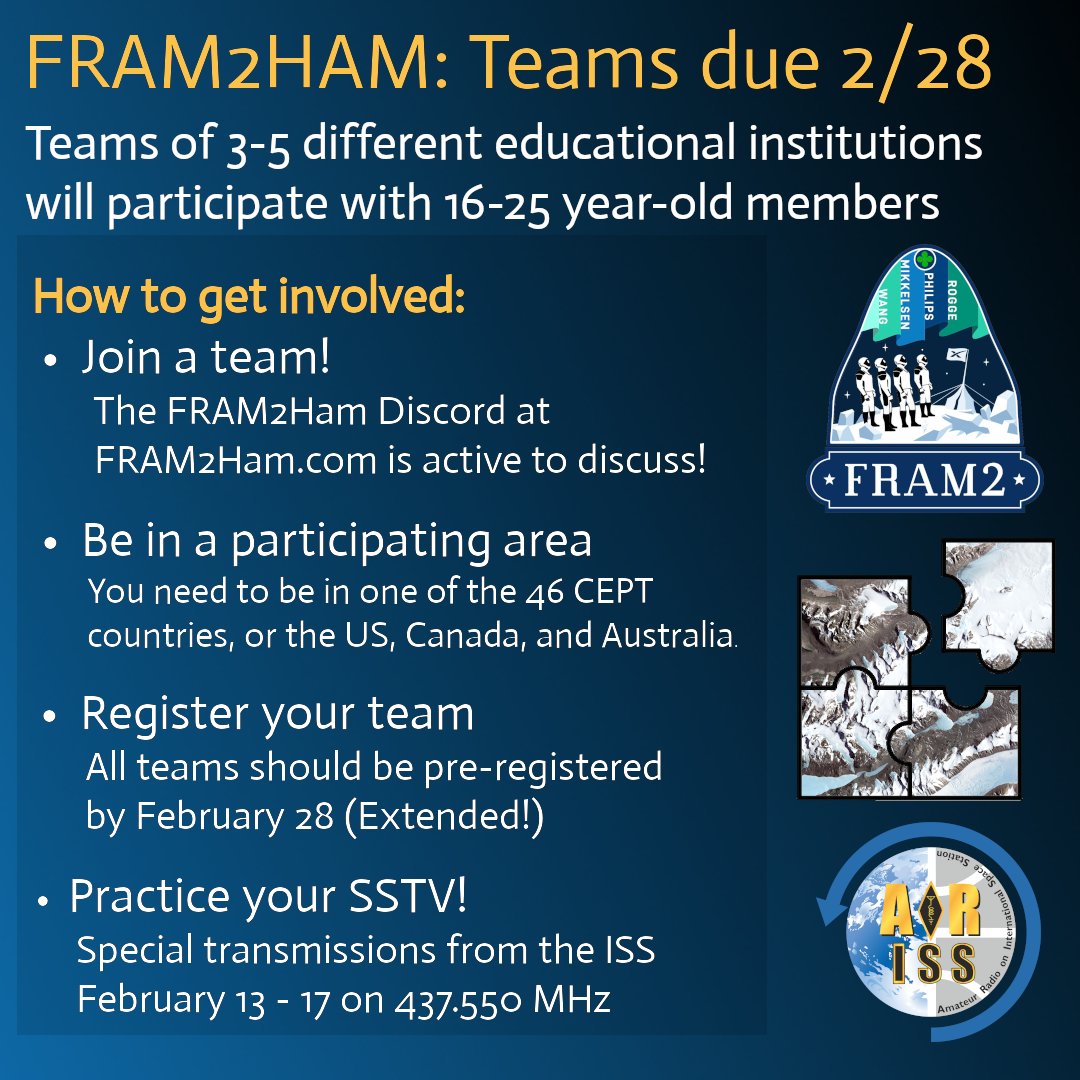 ARISS - Amateur Radio on the ISS (@ariss_intl) on Twitter photo You have more time to form your student FRAM2Ham teams! The team deadline has JUST been extended for Feb. 28.
So, find your team and get ready to practice at this weekend's SSTV event. Transmissions will start Thursday Feb. 13 ~around~ 12:00 UTC | 7:00 AM ET. <a href="/rprogge/">Rabea Rogge</a> You have more time to form your student FRAM2Ham teams! The team deadline has JUST been extended for Feb. 28.
So, find your team and get ready to practice at this weekend's SSTV event. Transmissions will start Thursday Feb. 13 ~around~ 12:00 UTC | 7:00 AM ET. <a href="/rprogge/">Rabea Rogge</a>