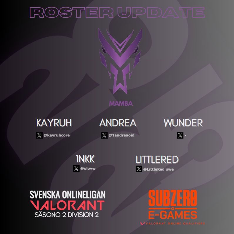 When our beloved <a href="/ellisenlol/">ellie</a> leaves the team to seek new adventures and challenges, we wish her the best of luck! We believe and hope you have a bright future ahead of you!🩷

With that said, we welcome our new fifth player and teammate <a href="/LittleRed_swe/">LittleRed</a> to Mamba!🤩

We look with
