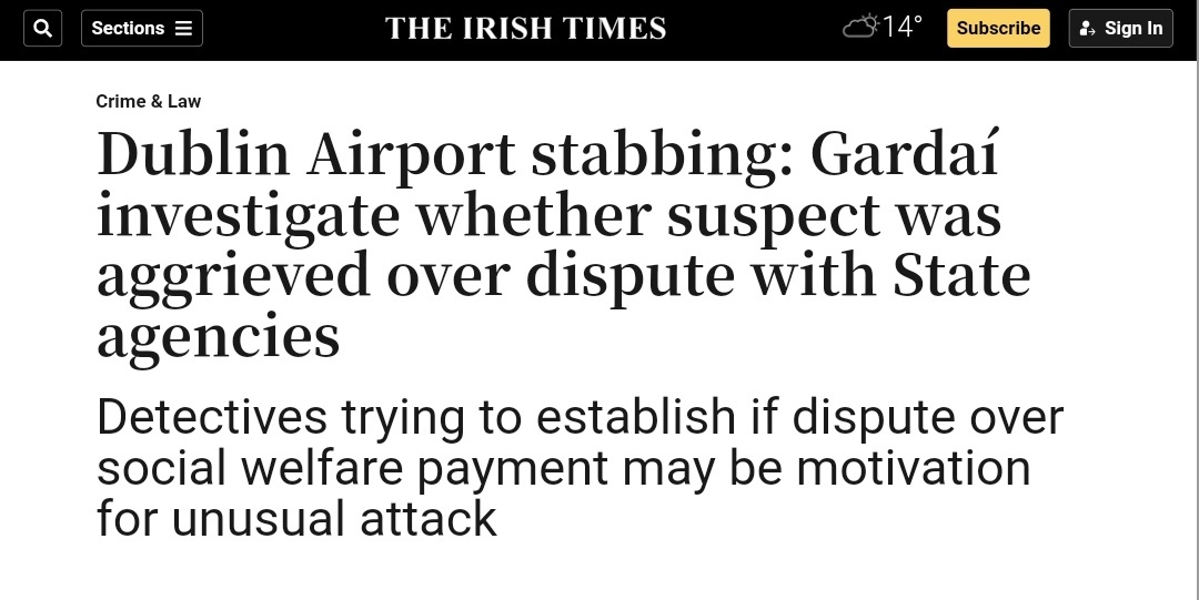 Mick_O_Keeffe's tweet photo. In 2023 Angolan immigrant Kasonga Mbuyi stabbed a tourist at Dublin airport. 

The media called it a "random knife attack" and claimed it was a cry for help because his welfare payments were stopped. 

"Random knife attacks" are becoming far less random in Ireland. https://t.co/IDfcXy1t6s