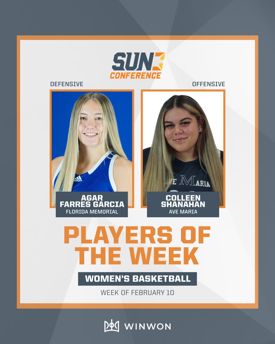 The Sun Conference (@sunconference) on Twitter photo Announcing the #SUNWBB Players of the Week, presented by <a href="/WinWonTech/">WinWon</a> ๐
Defensive - Farres Garcia of <a href="/GoFmuLions/">FMU Lions Athletics</a>
Offensive - Shanahan of <a href="/GyrenesWBB/">AMU Women's Basketball ๐</a>
More on these athletes here ๐bit.ly/3EIVz9J Announcing the #SUNWBB Players of the Week, presented by <a href="/WinWonTech/">WinWon</a> ๐
Defensive - Farres Garcia of <a href="/GoFmuLions/">FMU Lions Athletics</a>
Offensive - Shanahan of <a href="/GyrenesWBB/">AMU Women's Basketball ๐</a>
More on these athletes here ๐bit.ly/3EIVz9J