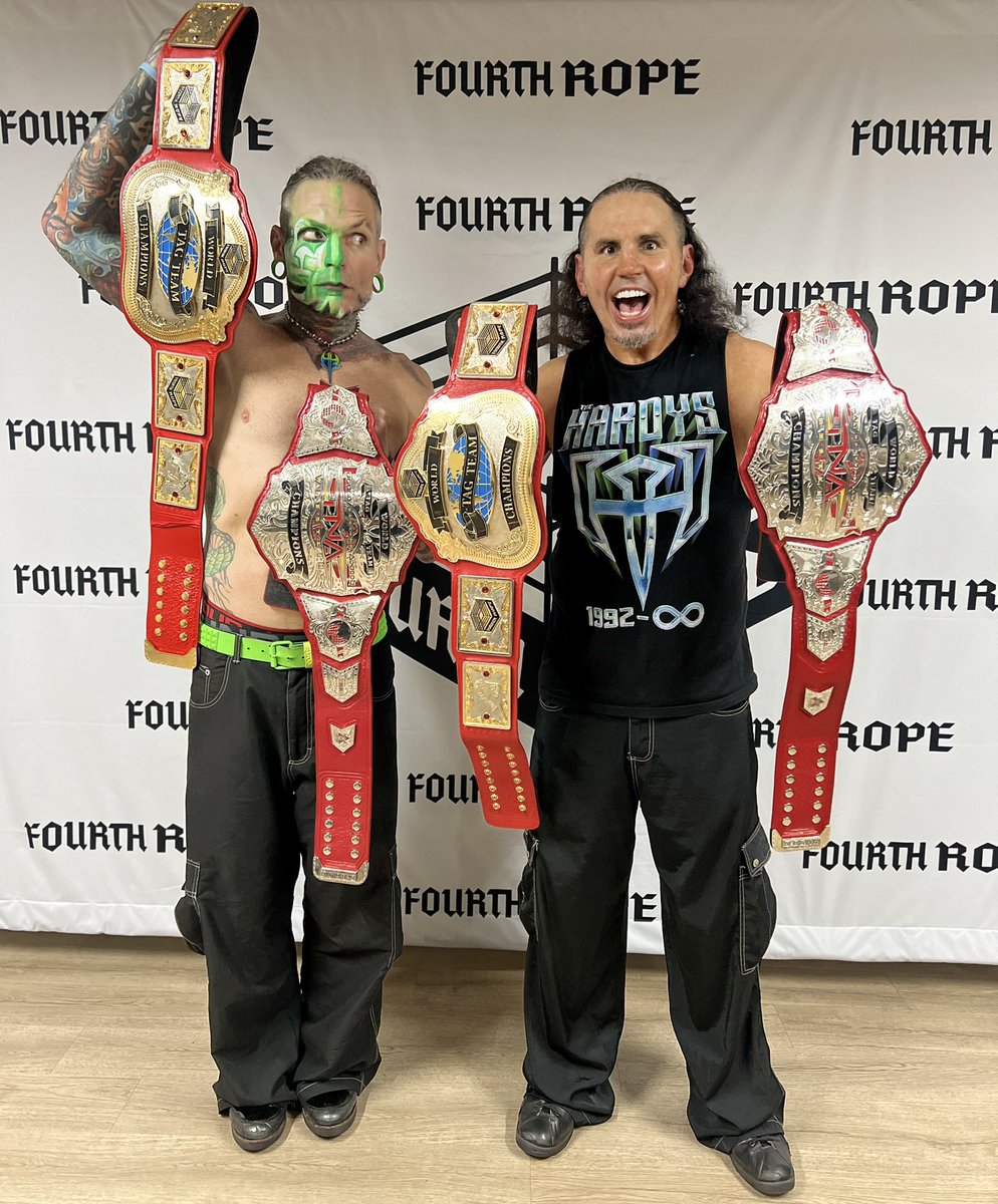 MATTHARDYBRAND's tweet image. For all our dieHARDYs who’ve just discovered the @4thrope promotion.. Here’s the tag titles we proudly won at #HeelsHaveEyes 4 in a Ladder Match a few weeks back! 

Give @4thrope a look—&amp;gt; youtu.be/cHzyU-pgrKk