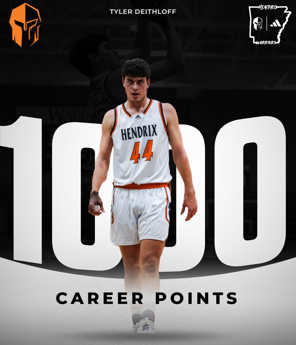 🛡 1000 POINT CLUB 🏀
This past weekend, Tyler Deithloff inserted his name into the Hendrix Basketball 1000 point club with 1020 points. The 5th year has averaged 10.3 PPG in 99 Career Games. Congratulations Tyler! 

#WeAreWarriors | #RollDrix