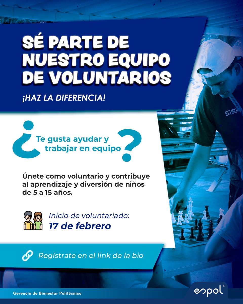 BienestarESPOL's tweet image. ¡Sé voluntario en el Vacacional ESPOL 2025! 🎉
Apoya a niños en su aprendizaje y diversión con actividades como básquet, natación, fútbol y más. 🏀⚽♟️
👩‍🎓👨‍🎓 Para estudiantes politécnicos.
📜 Certificado de participación.
📲 Regístrate y únete a esta gran experiencia💙