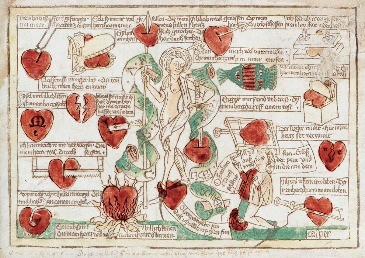 archaeologyart's tweet image. Print on paper by Master Casper von Regensburg, c. 1485 AD, portraying a Venus-like Frau Minne (personification of courtly love) inflicting nineteen different torments upon the hearts of her devotees.