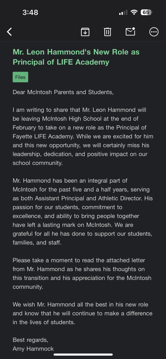 mcintosh_trail's tweet photo. BREAKING: Today, Feb 10, principal Amy Hammock sent out a message announcing Athletic Director and Assistant Principal @LeonHammond_AD's departure to become the new principal of Fayette LIFE Academy. He will be leaving at the end of this month. #TracktheTrail 🖊️📸by CJ Boxhill. https://t.co/g2R3DwQUQf