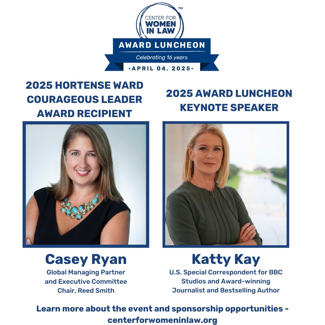 Announcing the Keynote Speaker and Hortense Ward Courageous Leader Award Recepient for our 2025 Award Luncheon! Join us April 4, 2025 at the Center for Women in Law's Award Luncheon as we celebrate 16 years! For more information - bit.ly/2025AwardLunch…