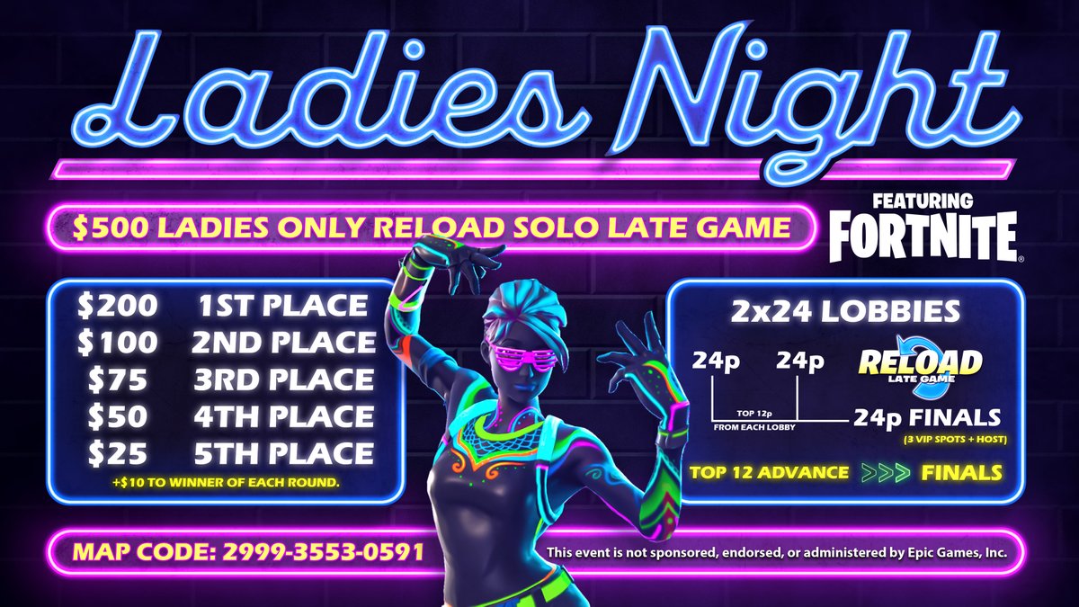 $500 LADIES ONLY SOLOS TOURNEY! Thursday, Feb. 20th 8pm EST

Like , Comment, &amp; RT if you are interested in playing! Also, join the map cord, link in comments!

MAP CODE: 2999-3553-0591 #FNCS #Fortnite