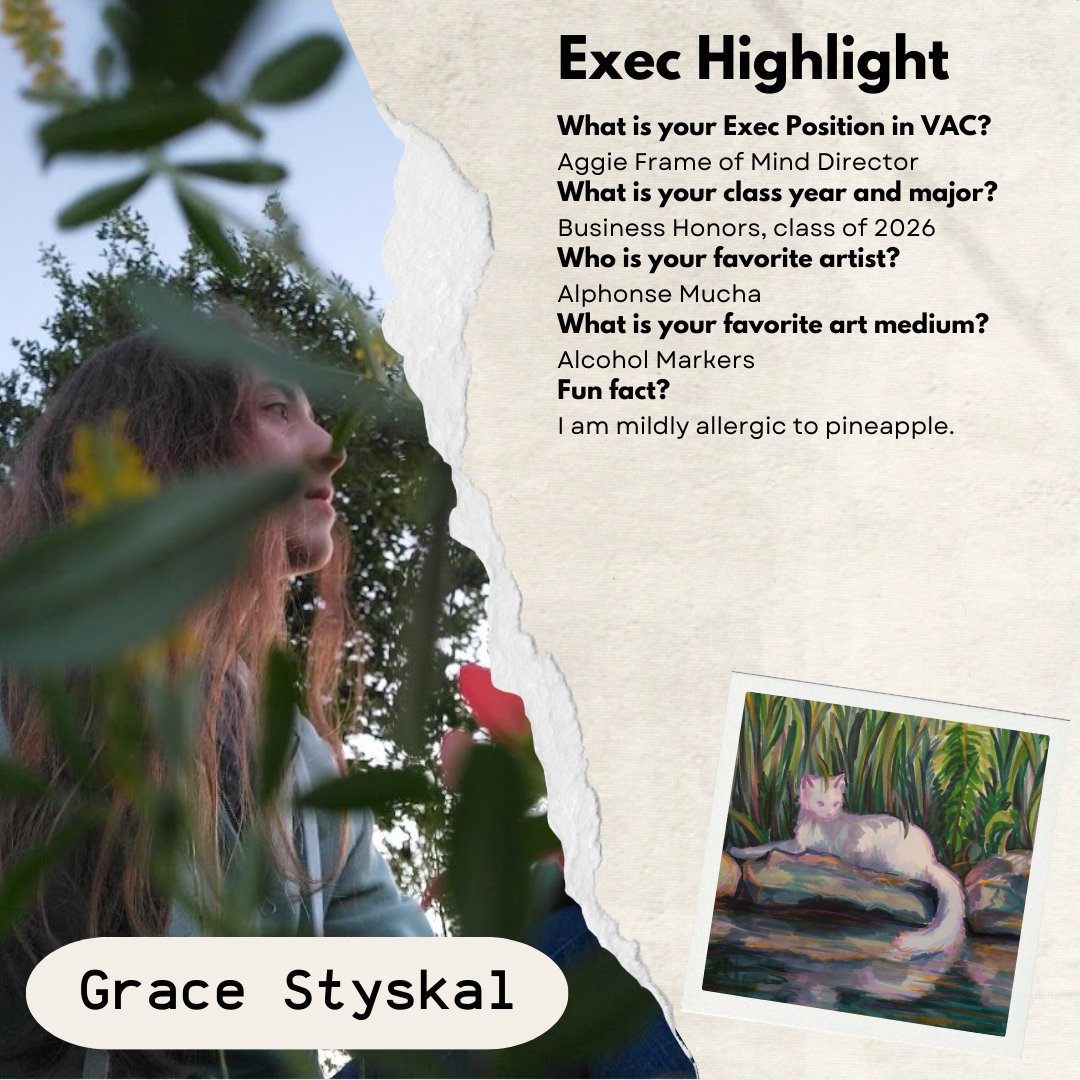 MSC_VAC's tweet photo. Today's Exec Highlight is Grace Styskal!

Grace is the Aggie Frame of Mind (AFOM) Director, and she joined VAC because she loves having a time each week set aside to hang out and do art! https://t.co/bxgjWCNvOl