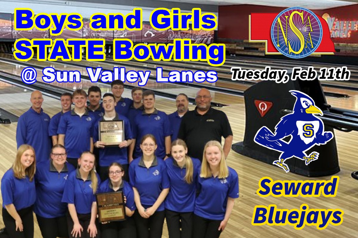 Good Luck to the Boys and Girls Bowling teams competing at the NSAA State Tournament tomorrow (Tuesday, Feb 11th) at Sun Valley Lanes in Lincoln.  Girls will bowl at 8:00am and Boys at 2:00pm with the Championships at 7:00pm!  Go Bluejays!