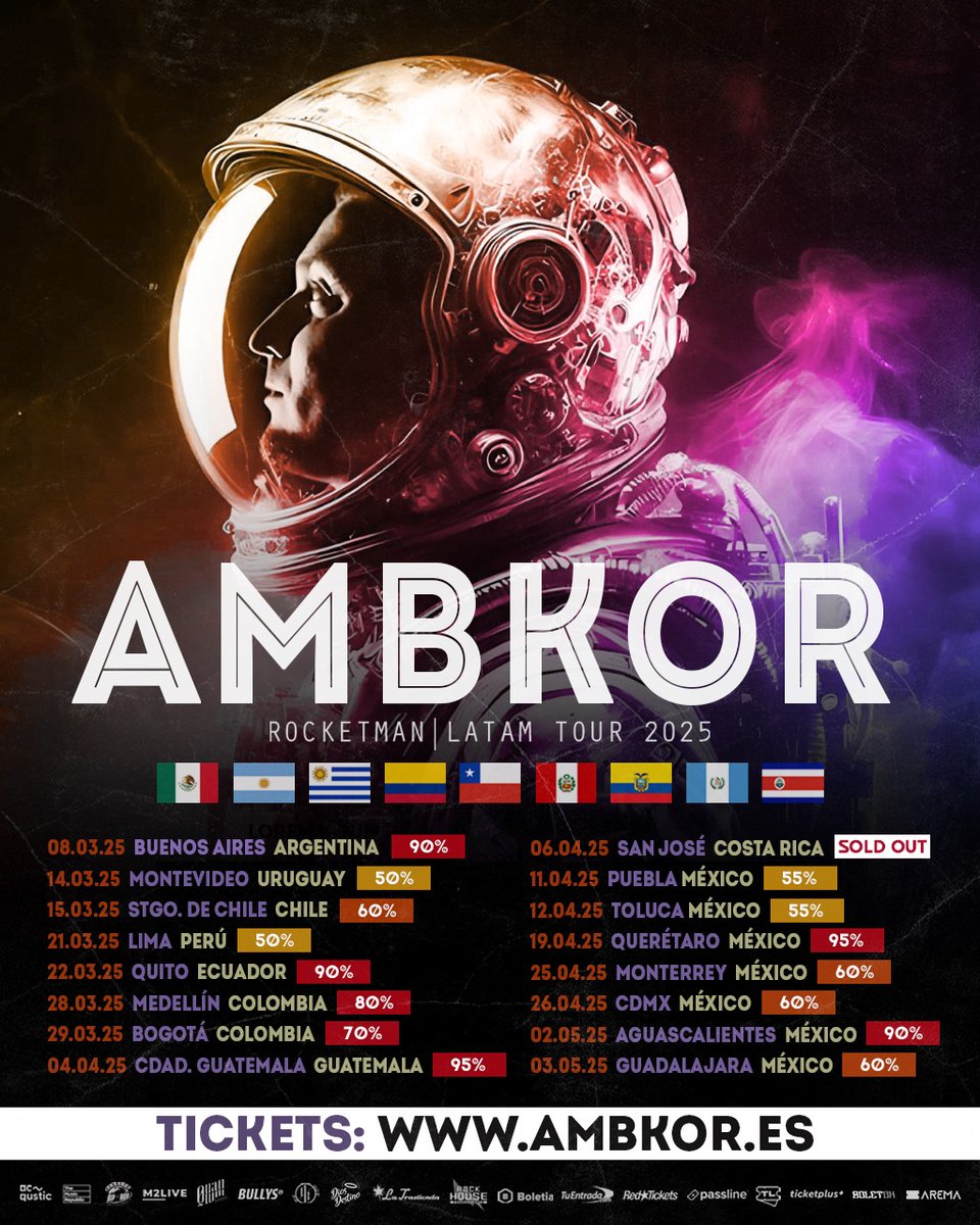 Familia!!! ❤️🐺  En cuestión de días empezamos el viaje más largo y emocionante de nuestras vidas!! ✨️🚀 Hay muchas ciudades a puntito de agotarse! Y no va a haber dobles fechas por tema de calendario! Estás fechas serán las únicas! 🇨🇷🇲🇽🇬🇹🇨🇴🇪🇨🇦🇷🇺🇾🇨🇱  🎟️ ambkor.es