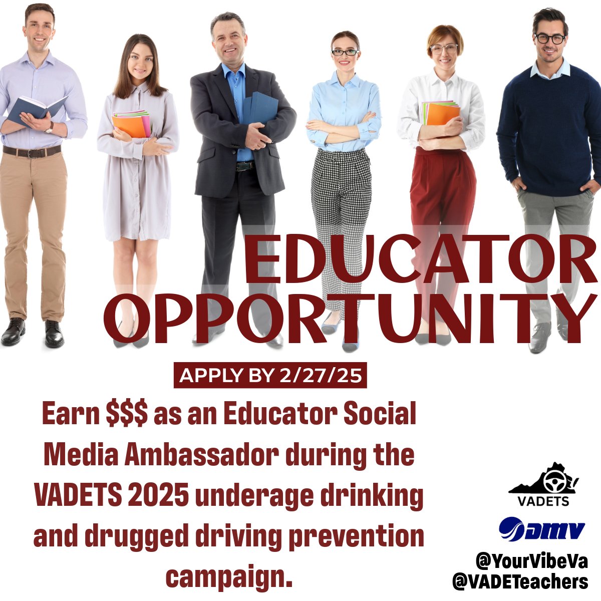 Educator Opportunity
Earn $$$ as an Educator Social Media Ambassador during the VADETS 2025 underage drinking and drugged driving prevention campaign. Apply today!
bit.ly/EAmbassadorSes…