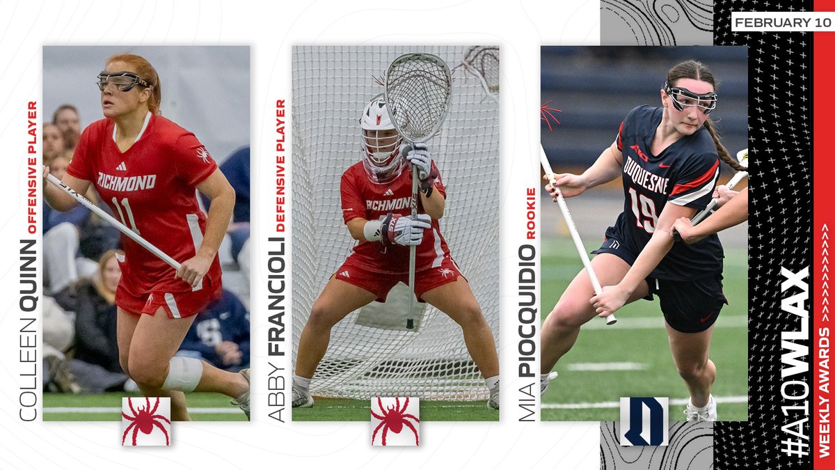 The first #A10WLAX Weekly awards of the season!

OFFENSIVE PLAYER: Colleen Quinn, <a href="/SpiderWLAX/">Richmond WLAX</a> 
DEFENSIVE PLAYER: Abby Francioli, <a href="/SpiderWLAX/">Richmond WLAX</a> 
ROOKIE: Mia Picquidio <a href="/DuqLax/">Duquesne Lacrosse</a> 

STORY: atlantic10.com/news/2025/2/10…