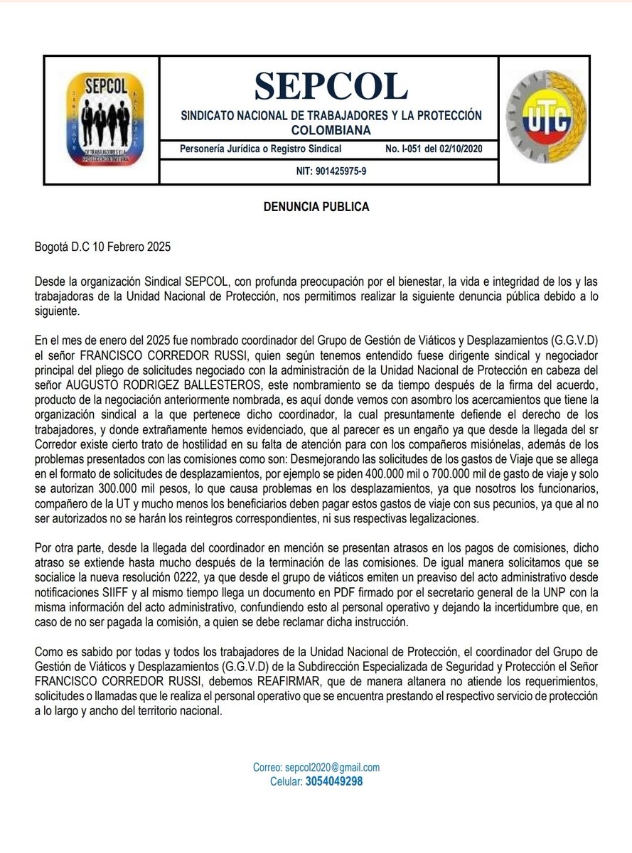 SEPCOLPRESIDEN's tweet photo. @petrogustavo @infopresidencia @UNPColombia @6AMCaracol @BluRadioCo @CaracolRadio @CarlosA64647969 @CGR_Colombia @crist1909198 @EdwinAr59328626 @ktorresm3 @MinInterior @MintrabajoCol @NacionalUtc @NoticiasCaracol @NoticiasRCN @SEPCOLPRESIDEN @SEPCOLPRESIDENC @RevistaSemana @VickyDavilaH Desde la organización sindical SEPCOL  hacemos esta denuncia pública por los abusos a los funcionarios misionales de la UNP y Beneficiario que se estan afectando al reducir los gastos de viajes solicitados por directrices del nuevo coordinador de Viaticos viva  la organización sindical SEPCOL viva viva viva