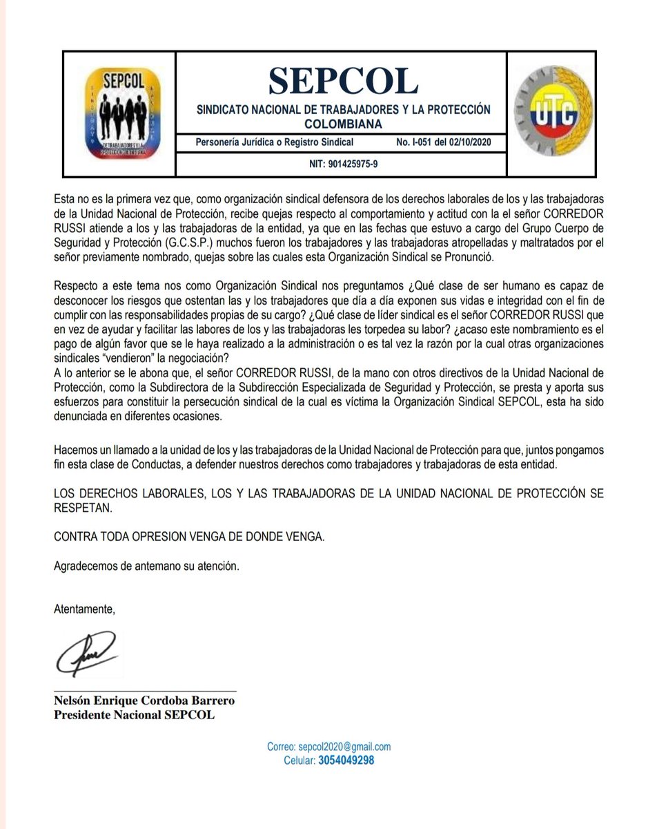 <a href="/petrogustavo/">Gustavo Petro</a> <a href="/infopresidencia/">Presidencia Colombia 🇨🇴</a> <a href="/UNPColombia/">Unidad Nacional de Protección, UNP.</a> <a href="/6AMCaracol/">6AM</a> <a href="/BluRadioCo/">BluRadio Colombia</a> <a href="/CaracolRadio/">Caracol Radio</a> <a href="/CarlosA64647969/">Carlos Alberto Sánch</a> <a href="/CGR_Colombia/">Contraloría General de la República de Colombia</a> @crist1909198 <a href="/EdwinAr59328626/">Edwin Arrieta</a> <a href="/ktorresm3/">kelly johana torres mesa</a> <a href="/MinInterior/">MinInterior Colombia</a> <a href="/MintrabajoCol/">MinTrabajo</a> <a href="/NacionalUtc/">UTC FISCAL NACIONAL</a> <a href="/NoticiasCaracol/">Noticias Caracol</a> <a href="/NoticiasRCN/">Noticias RCN</a> <a href="/SEPCOLPRESIDEN/">SEPCOL</a> <a href="/SEPCOLPRESIDENC/">SEPCOLPRESIDENCIA</a> <a href="/RevistaSemana/">Revista Semana</a>
