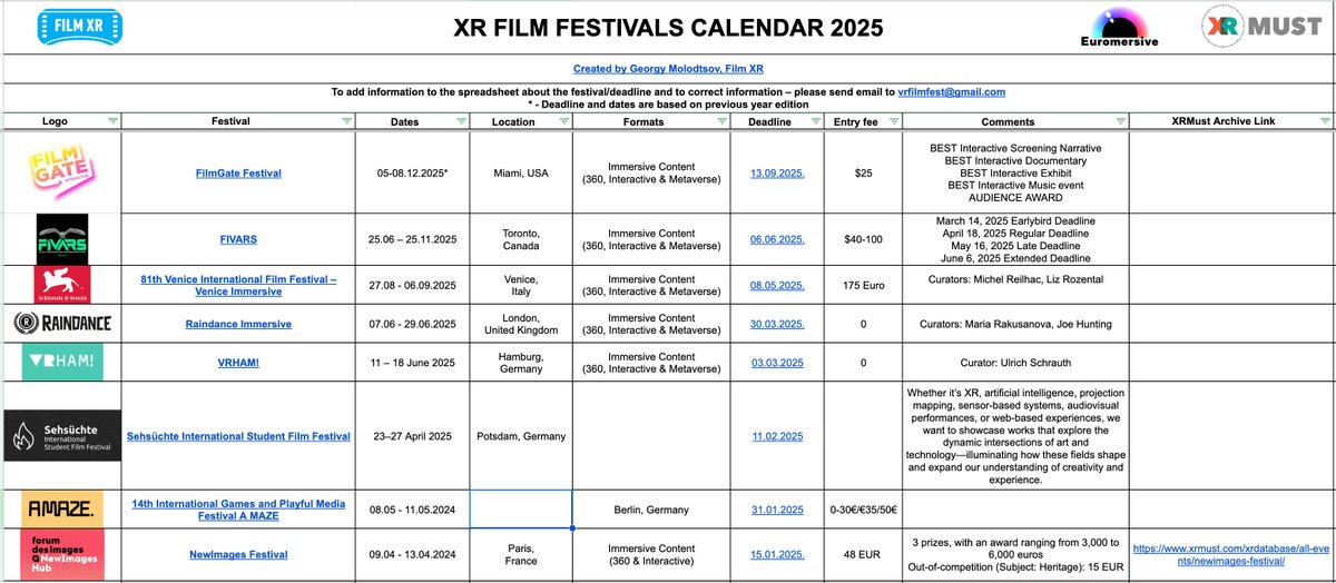 XR Film Festivals calendar 2025 Spreadsheet - XR Festivals, Market, Awards, Education Labs! Started this one in 2017 and trying to keep it updated since then! Spreadsheet: lnkd.in/e8f3QBWB
#vr #xr #VirtualReality