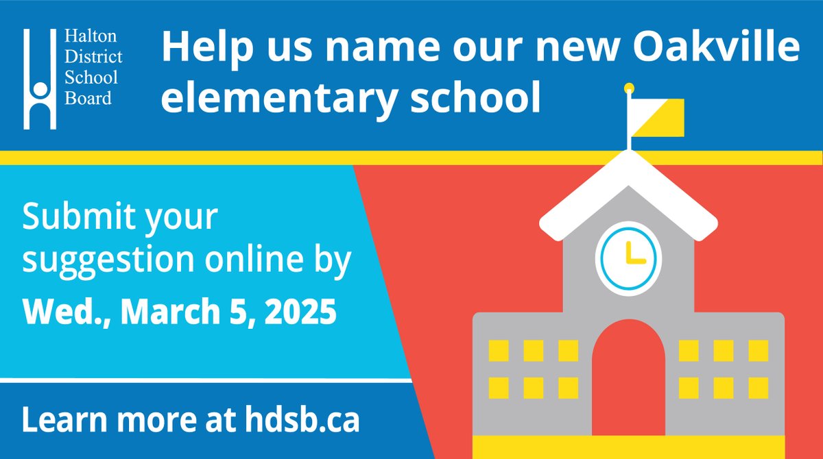 NEWS RELEASE🗞️: Suggest a name for the new HDSB elementary school opening in Oakville in Fall 2025

Students, families and community members are encouraged to submit suggestions for the name of the new Oakville school by March 5, 2025.

➡️Read more: bit.ly/3EK2H5G