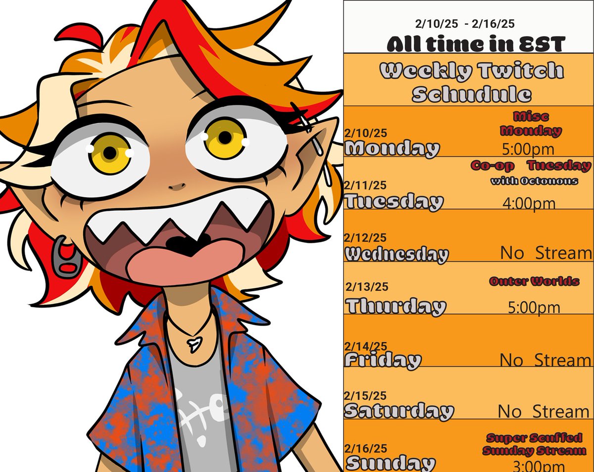 Hey there, Fishdicks!
 It’s romantic week and by that, I mean I’m too lazy for that nonsense. 
So instead, were doing nothing romantic at all.

Here’s the schedule

Monday: Random chaos 
Tuesday: Co-op with <a href="/OctoAddict/">Octonous</a> 
Thursday: Out Worlds 
Sunday: Scuffed silliness

Stay trashy