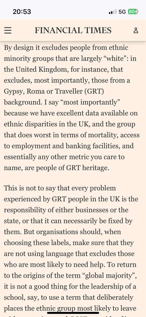 Why GRT is bad: Article criticising term global majority as it leaves out white passing ethnicities eg Romany &amp; overlooks they are minority globally. Instead calls them GRT PEOPLE, a term that literally groups ethnic minorities in with white people who adopt a nomadic lifestyle?