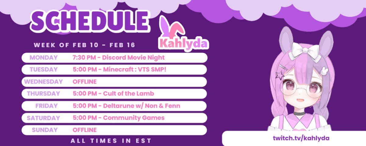 kahlyda's tweet photo. This week's schedule! All times in EST <3 https://t.co/PgPzX5KMjc